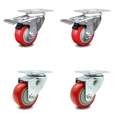 3.5 Inch Red Polyurethane Wheel Swivel Top Plate Caster Total Lock Brake, 2PK